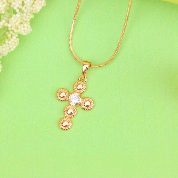 "Rose Gold Cross Pendant with Textured Beads and Center Crystal Stone, XPPT1606 - Picture 4 of 13